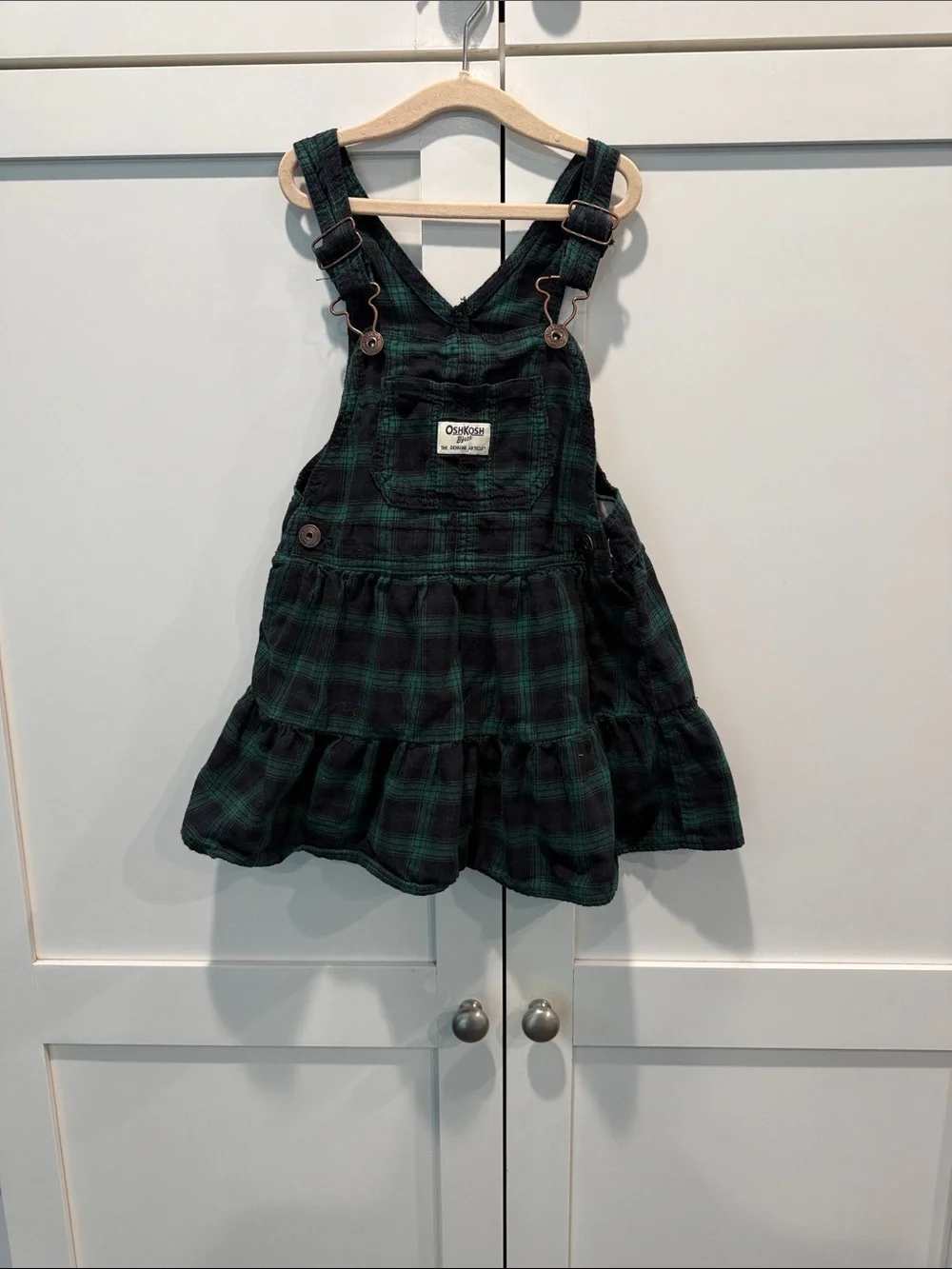 OshKosh B'gosh Dark Green and Blue Plaid Pinafore Overalls Dress